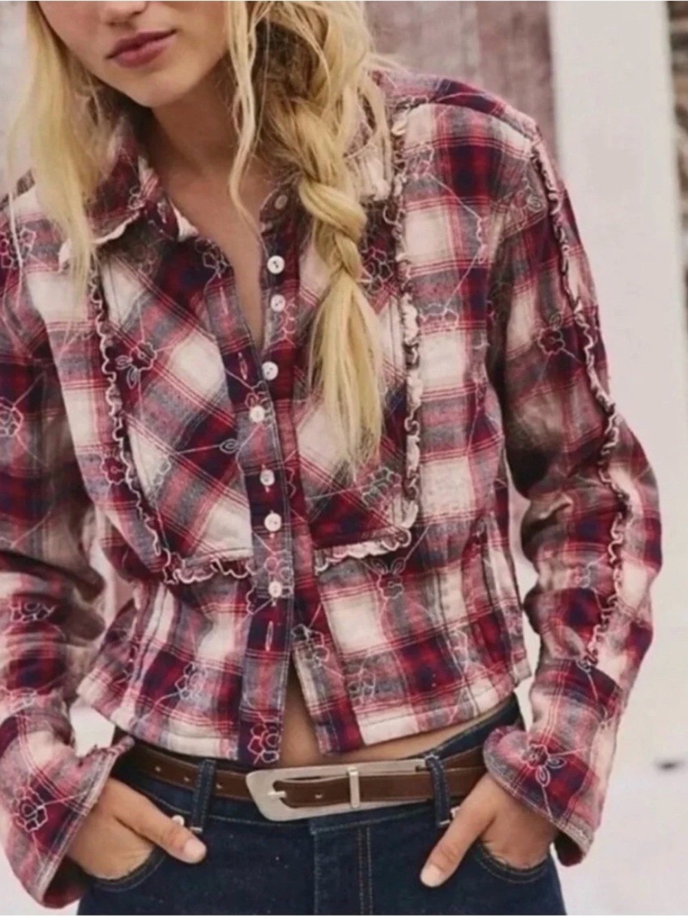 We The Free Red & White Plaid Western Ruffle Button-Down Top